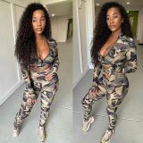 Camouflage Casual Work Street Camouflage Print Patchwork V Neck Long Sleeve Two Pieces