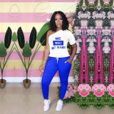 Blue Casual Print Asymmetrical Two Piece Suits Harlan Pants Short Sleeve Two Pieces