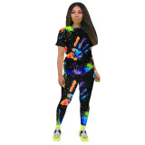 Black Fashion adult Ma'am Street Print scrawl Two Piece Suits pencil Short Sleeve Two Pieces