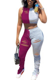 Black Fashion adult Ma'am Street Patchwork Burn-out contrast color Two Piece Suits Boot Cut Sleeveless Two Pieces