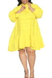 White Casual Solid Patchwork Flounce V Neck Princess Plus Size Dresses