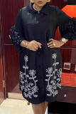 Orange Casual Flower Print Turndown Collar Lace Flare Sleeve Buttons Formal Office Lady A Line Plus Size Dresses