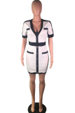 White OL Cap Sleeve Short Sleeves V Neck Step Skirt Knee-Length chain Solid Patchwork Club Dres