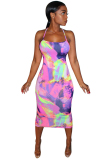 rose red Fashion Sexy adult Spaghetti Strap Sleeveless Slip Step Skirt Mid-Calf Print backless holl