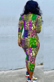 multicolor Sexy Cap Sleeve Long Sleeves O neck Step Skirt Mid-Calf Print