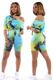 Blue Fashion adult Casual Tie Dye Bandage Print Two Piece Suits Patchwork pencil Half Sleeve