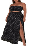 Black Sexy Vacation Print Polka Dot Patchwork Strapless Beach Plus Size Two Pieces