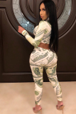 Cream white venetian Sexy Two Piece Suits Print pencil Long Sleeve Two-piece Pants Set