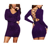 Purple Sexy Solid Hollowed Out V Neck Wrapped Skirt Dresses