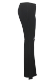 Black Denim Button Fly Sleeveless High Solid Patchwork Hole Boot Cut Pants 