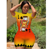 Fluorescent green Spandex Fashion Sexy adult Ma'am Patchwork Print Two Piece Suits Straight Short Sleeve Two Pieces