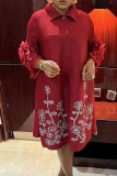 Orange Casual Flower Print Turndown Collar Lace Flare Sleeve Buttons Formal Office Lady A Line Plus Size Dresses
