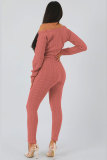 Pink Elastic Fly Long Sleeve Mid Solid pencil Pants Two-piece suit