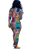 multicolor Sexy Cap Sleeve Long Sleeves O neck Step Skirt Mid-Calf Print