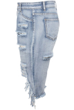 Blue Denim Zipper Fly Button Fly High washing Hole Zippered Pocket Straight Capris Shorts