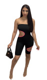 Pink Sexy Solid Ripped Patchwork Strapless Skinny Rompers