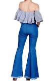 Dark Blue Denim Zipper Fly Button Fly High Solid washing Hole Zippered Boot Cut Pants 