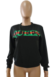 Black O Neck Patchwork Letter Print Print Long Sleeve 