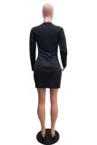 Khaki Casual Fashion adult Cap Sleeve Long Sleeves O neck Step Skirt Mini Print Long Sleeve Dre