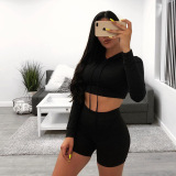 Black Fashion Active Solid Two Piece Suits pencil Long Sleeve Two Pieces
