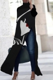 Dark African Figure Print High Slit Turtleneck Long Sleeve Long Casual Maxi Dresses