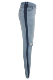 Light Blue Denim Elastic Fly Sleeveless High Hole Solid washing Patchwork pencil Pants 