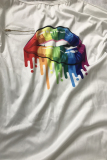 White O Neck Nine Sleeves Print Lips Print Zippered Split Tees & T-shirts