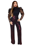 Wine Red Elastic Fly Long Sleeve High Patchwork Straight Pants