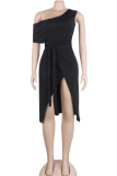 Black OL Cap Sleeve Short Sleeves one shoulder collar Hip skirt Mid-Calf Patchwork Solid Club D