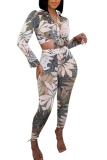 Blue Casual Print Bandage Patchwork Buckle Turndown Collar Long Sleeve Two Pieces