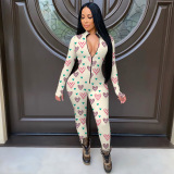 Cream White Casual Print Patchwork Zipper Collar Skinny Jumpsuits