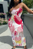 White Pink Graphics Print Backless Spaghetti Strap Bodycorn Vacation Long Maxi Slip Dresses