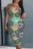 Light Brown Graphics Print U Neck Sleeveless Vacation Bodycon Midi Tank Dress