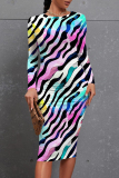 Red Blue Figure Print O Neck Long Sleeve Casual Outing Vacation Fall Bodycon Midi Dress