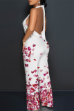 Claret Plaid Polka Dot Heart Shaped Print Lace Up Sleeveless Backless Loose Straight Leg Halter Jumpsuits