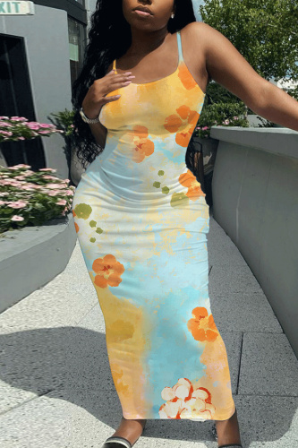 Orange Graphics Print Backless Spaghetti Strap Bodycorn Vacation Long Maxi Slip Dresses