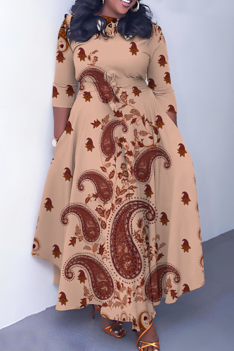 Light Brown Floral Print O Neck 3/4 Sleeve Strap Design Belted Floor Length Plus Size Vacation Loose A Line Maxi Dress