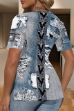 Blue Khaki Faux Denim Print V Neck Short Sleeve Slit Casual Oversize T-Shirts