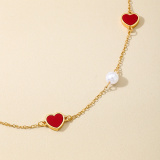 Glod Casual Metallic Red Heart Shaped Pearl Chains Necklace