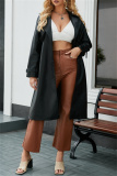 Off White Belted Turndown Collar Long Sleeve Casual Long Loose Jacket Pu Leather Windbreaker