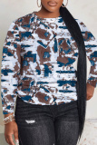 Blue Graphics Print Round Neck Long Sleeve Fall Winter Sweatshirt Tops