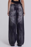 Black Hot Drill Gradient Angel Wings Print Mid Waist Straight YK2 Wide Leg Denim Jeans