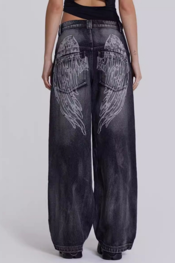 Black Hot Drill Gradient Angel Wings Print Mid Waist Straight YK2 Wide Leg Denim Jeans