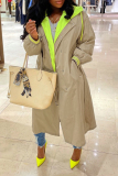 Khaki Long Sleeve With Belt Casual Longline Cardigan Hooded Windbreaker