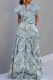 Grass Green Casual Graphics Print V Neck Short Sleeve Vacation Wide Leg Jumpsuits