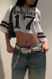 Black Digital Letter Print V Neck Casual Sportwear Lace Crop T-Shirts