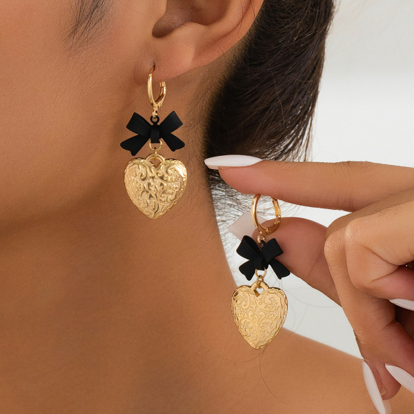 Gold Bow Decor Metal Heart  Earrings Pendant