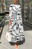 White Graphics Print O Neck 3/4 Sleeve Long Loose Vacation Casual Pleated Maxi Dresses