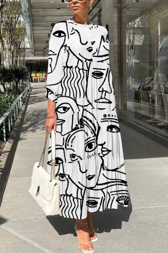 White Graphics Print O Neck 3/4 Sleeve Long Loose Vacation Casual Pleated Maxi Dresses