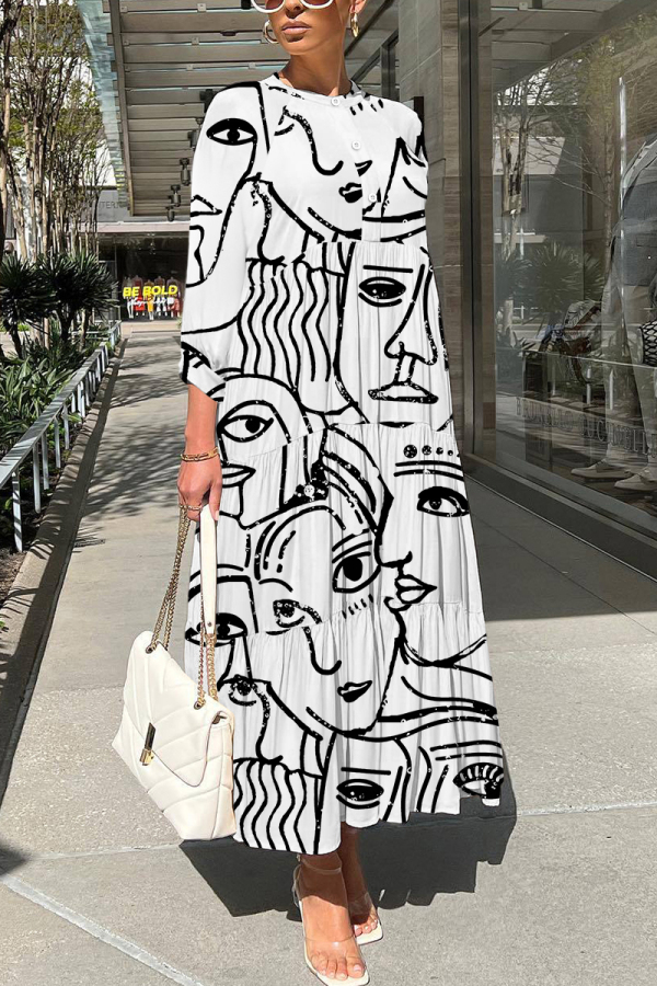 White Graphics Print O Neck 3/4 Sleeve Long Loose Vacation Casual Pleated Maxi Dresses